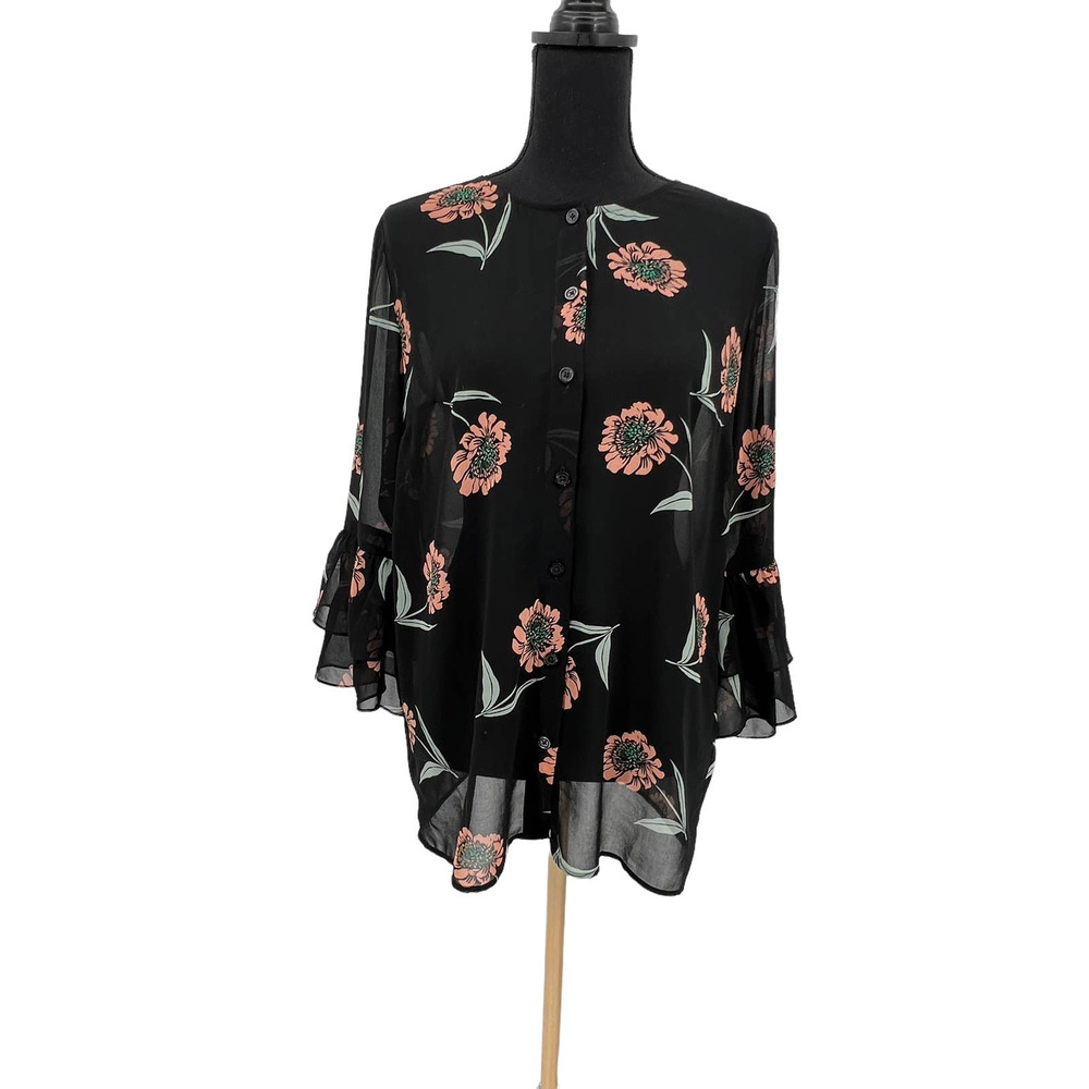 CAbi La Di Da Black Floral Chiffon Blouse Style #5206 - Picture 2 of 8